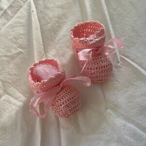 Pink Hand Knit Baby Booties with Tie Newborn-1 Month for Infant